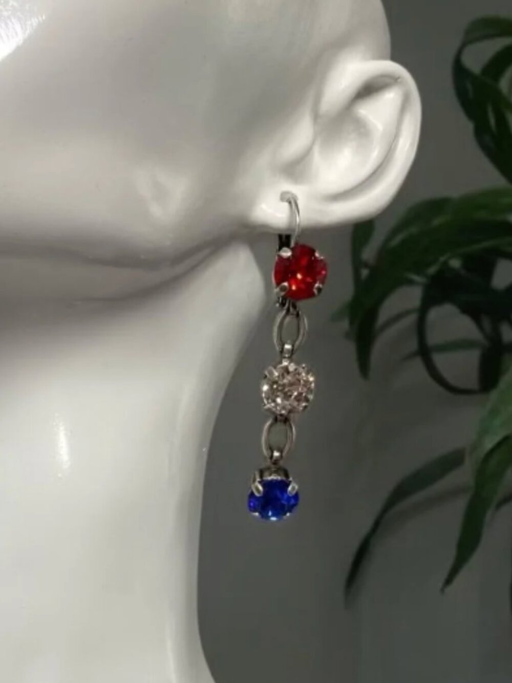 3-Stone Red, White, & Blue USA Flag Dangle Earrings